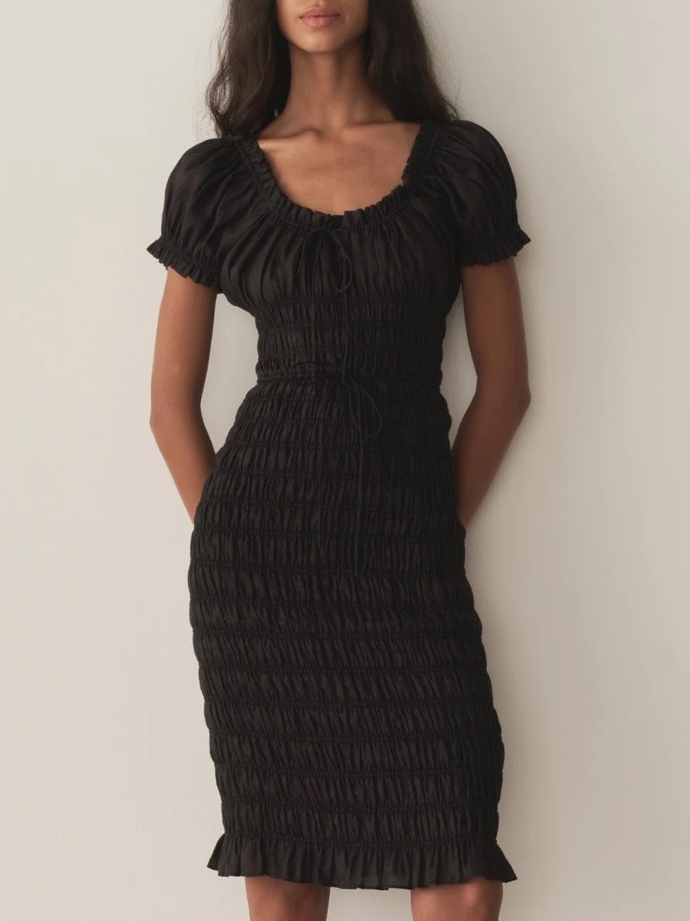 NWT Doen Rosalynn Ramie Linen Smocked Shirred Short Sleeve Midi Dress Black